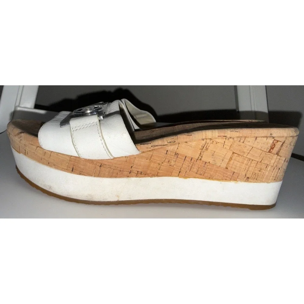 Michael Kors White Leather Cork Wedge Platform Sandals MK Logo Slides size 6